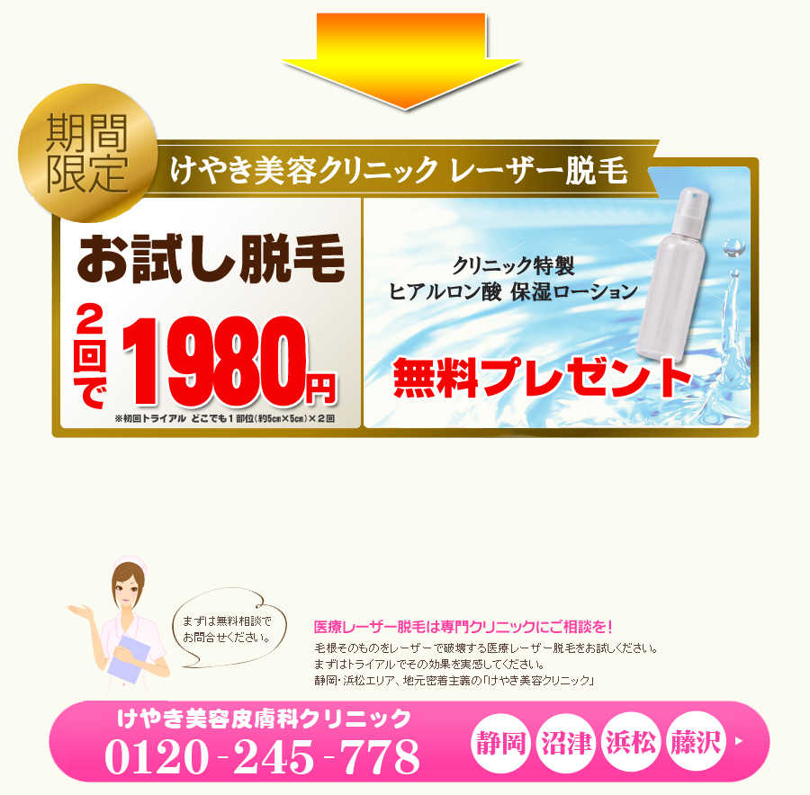 医療レーザー脱毛～初回トライアル1980円！けやき美容クリニック